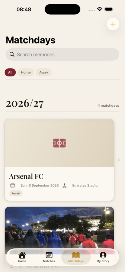 Matchdays screen