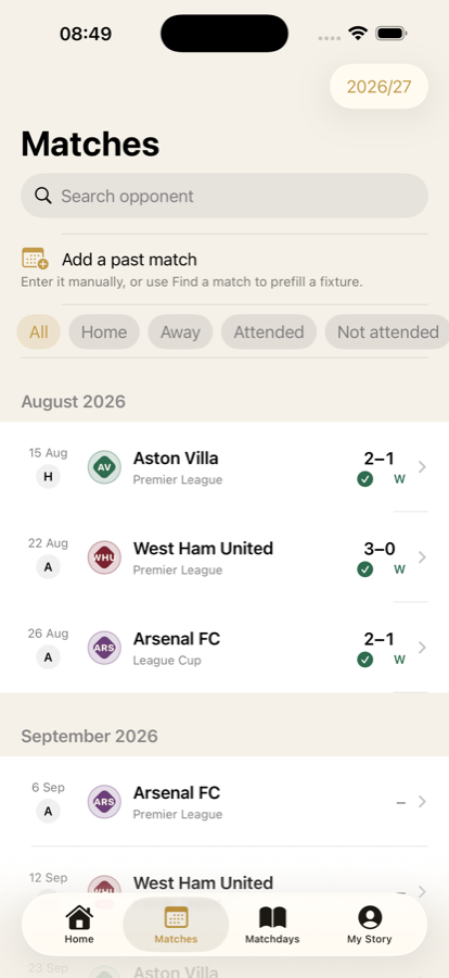 Matches screen